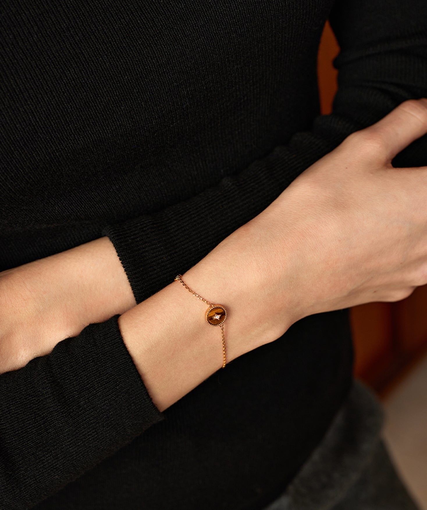 Gold Vermeil Tiger’s Eye Bracelet with Pavé Center – Aura Collection | MaiaMina