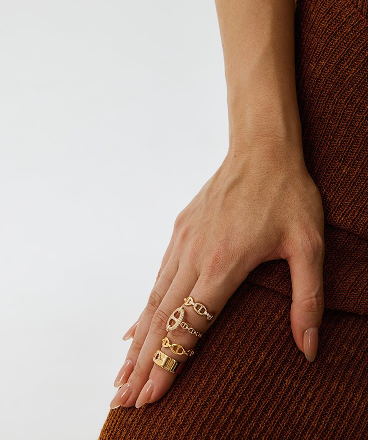 18K Gold Plated Mariner Adjustable Band Ring with Pave Diamonds – Genderless Nautical Design | MaiaMina