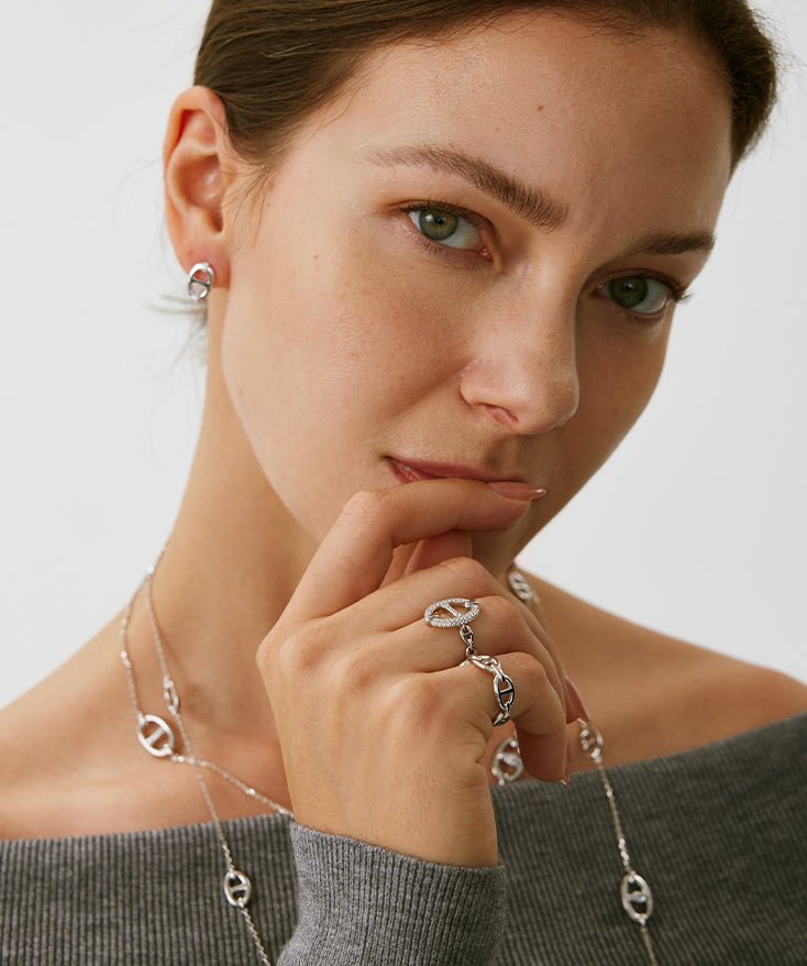 925 Sterling Silver Pave Mariner Chain Adjustable Ring – Symbol of Strength & Courage | MaiaMina