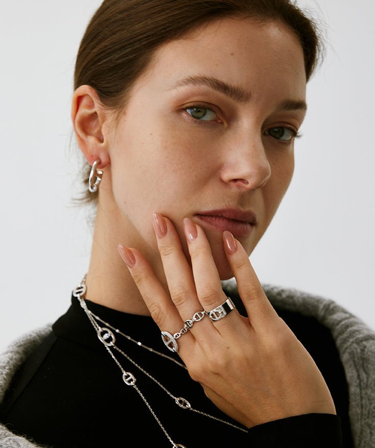 Sterling Silver Pave Mariner Chain Adjustable Ring with Diamonds – Elegant Nautical Jewelry | MaiaMina