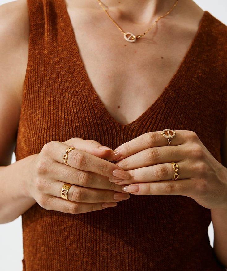 18K Gold Plated Pave Mariner Chain Adjustable Ring – Symbol of Strength & Courage | MaiaMina