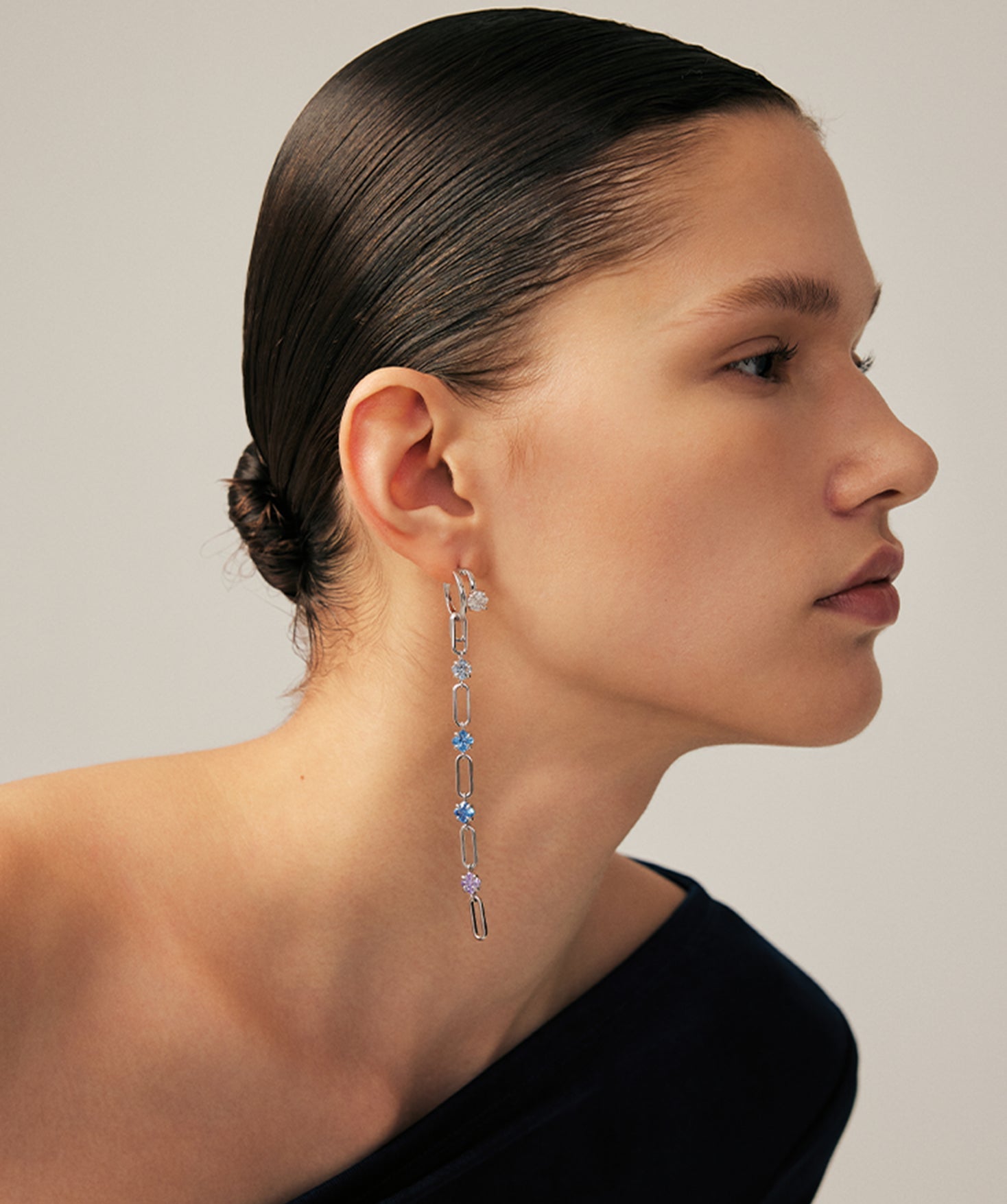 Mismatched Drop Earrings in Rhodium with Gradient Blue Purple Gemstones – Wilda Collection | MaiaMina