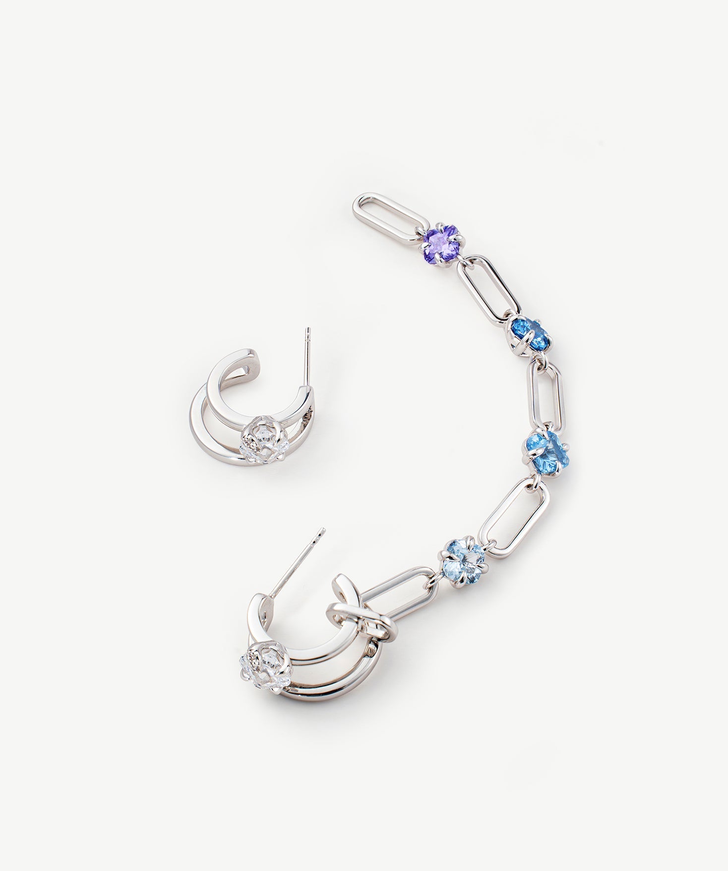 Mismatched Drop Earrings in Rhodium with Gradient Blue Purple Gemstones – Wilda Collection | MaiaMina