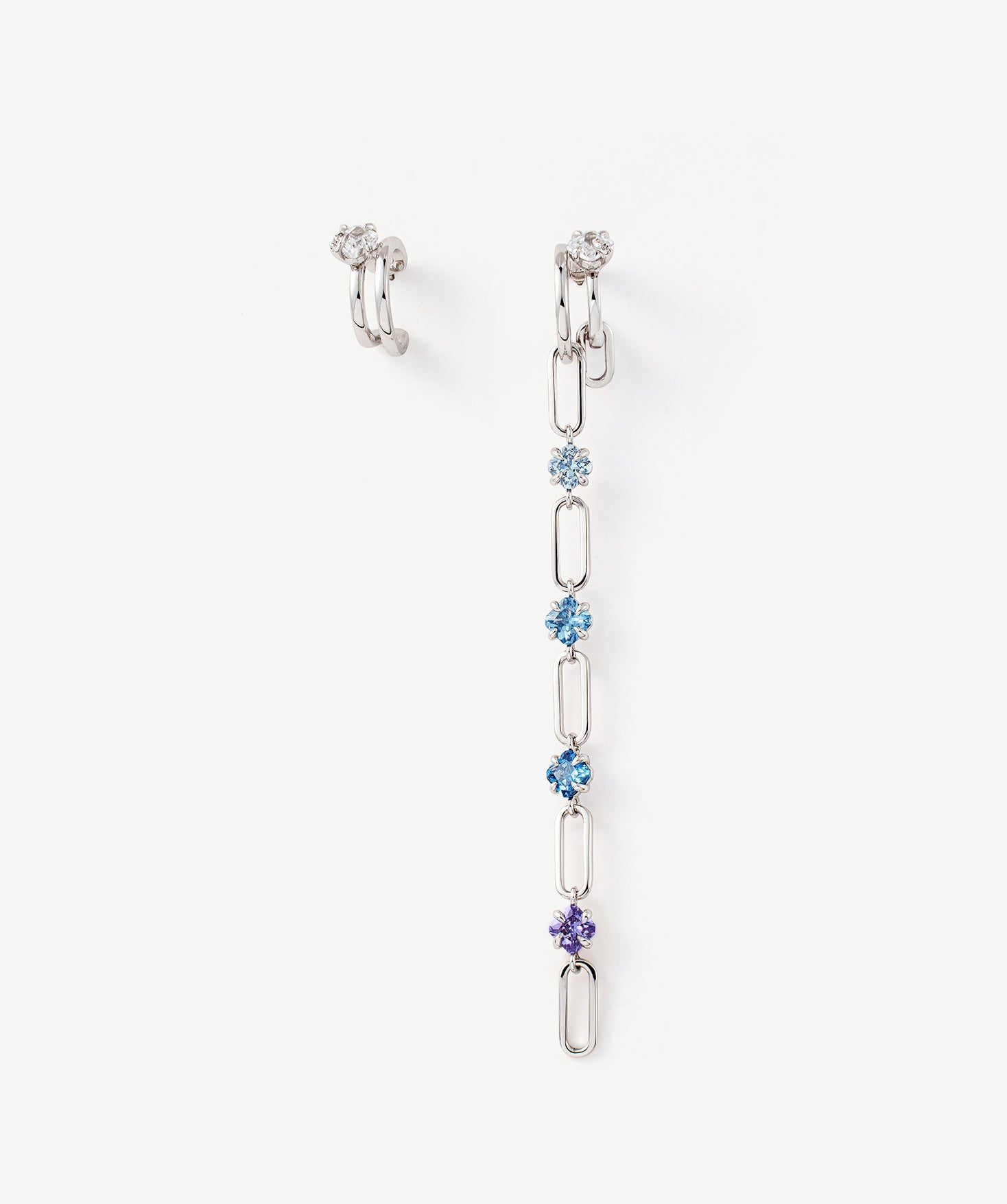 Mismatched Drop Earrings in Rhodium with Gradient Blue Purple Gemstones – Wilda Collection | MaiaMina