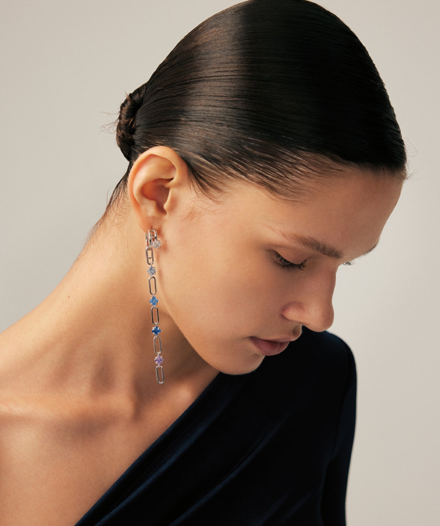 Mismatched Drop Earrings in Rhodium with Gradient Blue Purple Gemstones – Wilda Collection | MaiaMina