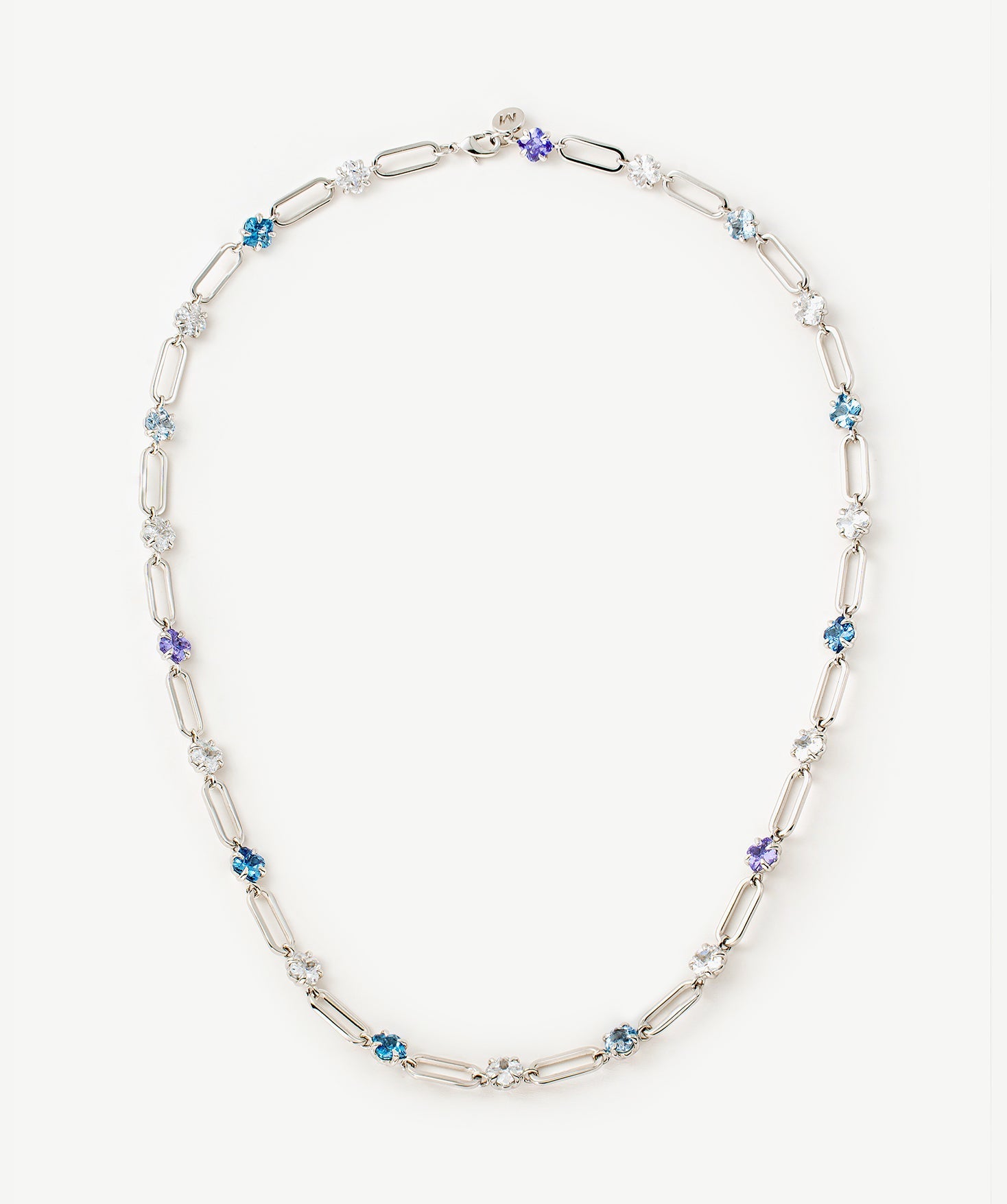 Paperclip Chain Necklace in Rhodium with Blue and Purple Gemstones – Wilda Collection | MaiaMina