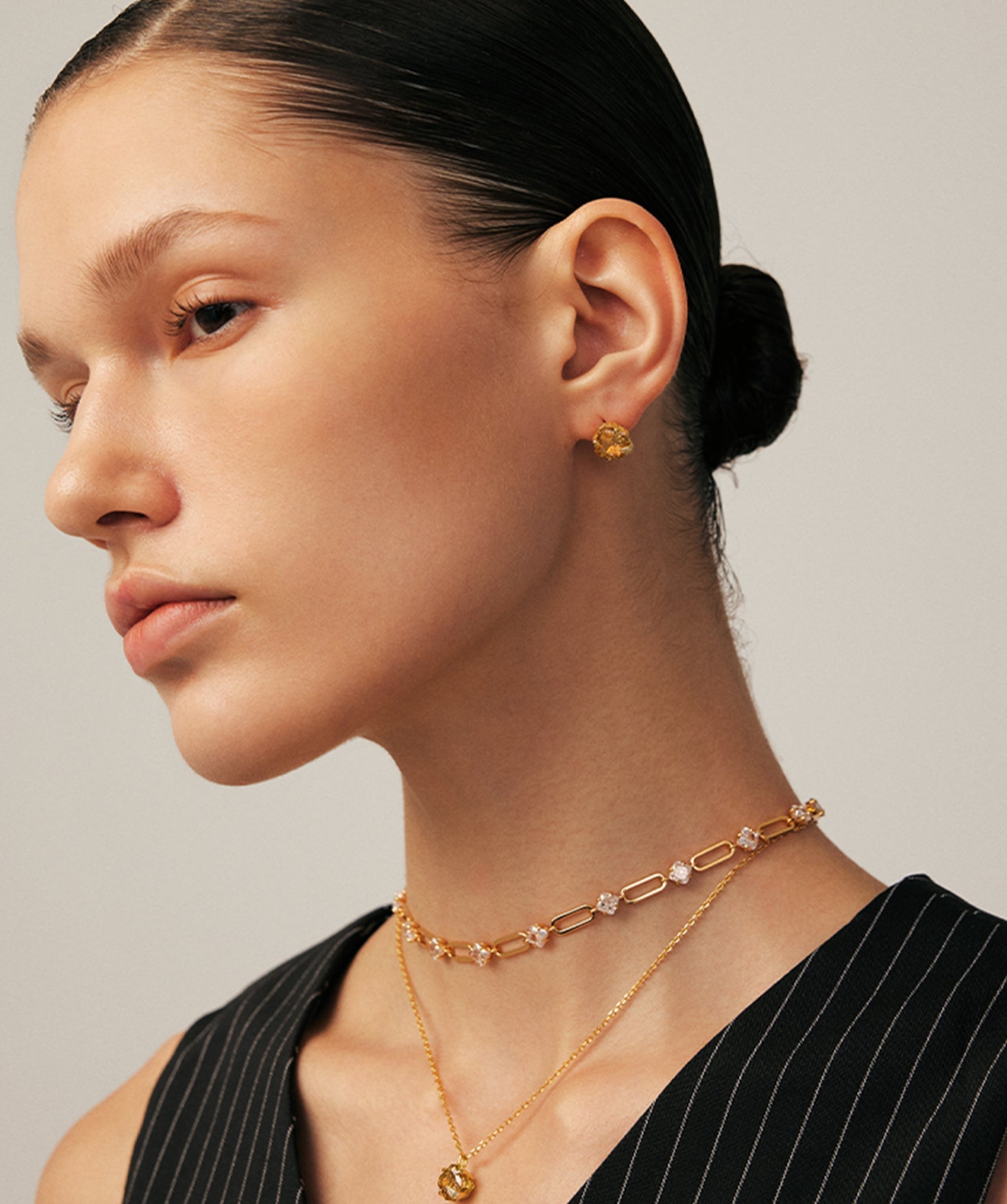 Gold Stud Earrings with Champagne Zircon and Pave Claw | MaiaMina