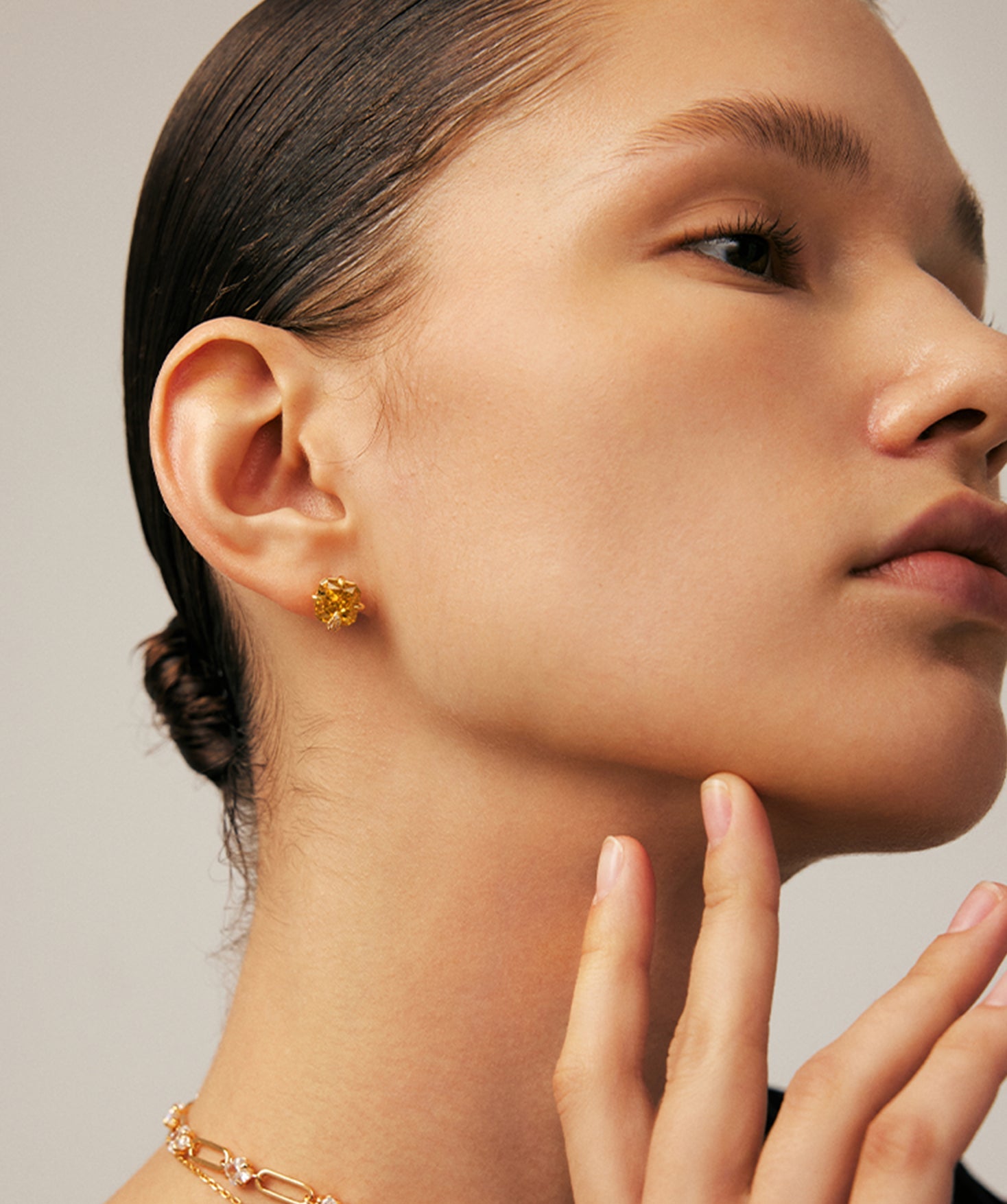 Gold Stud Earrings with Champagne Zircon and Pave Claw | MaiaMina