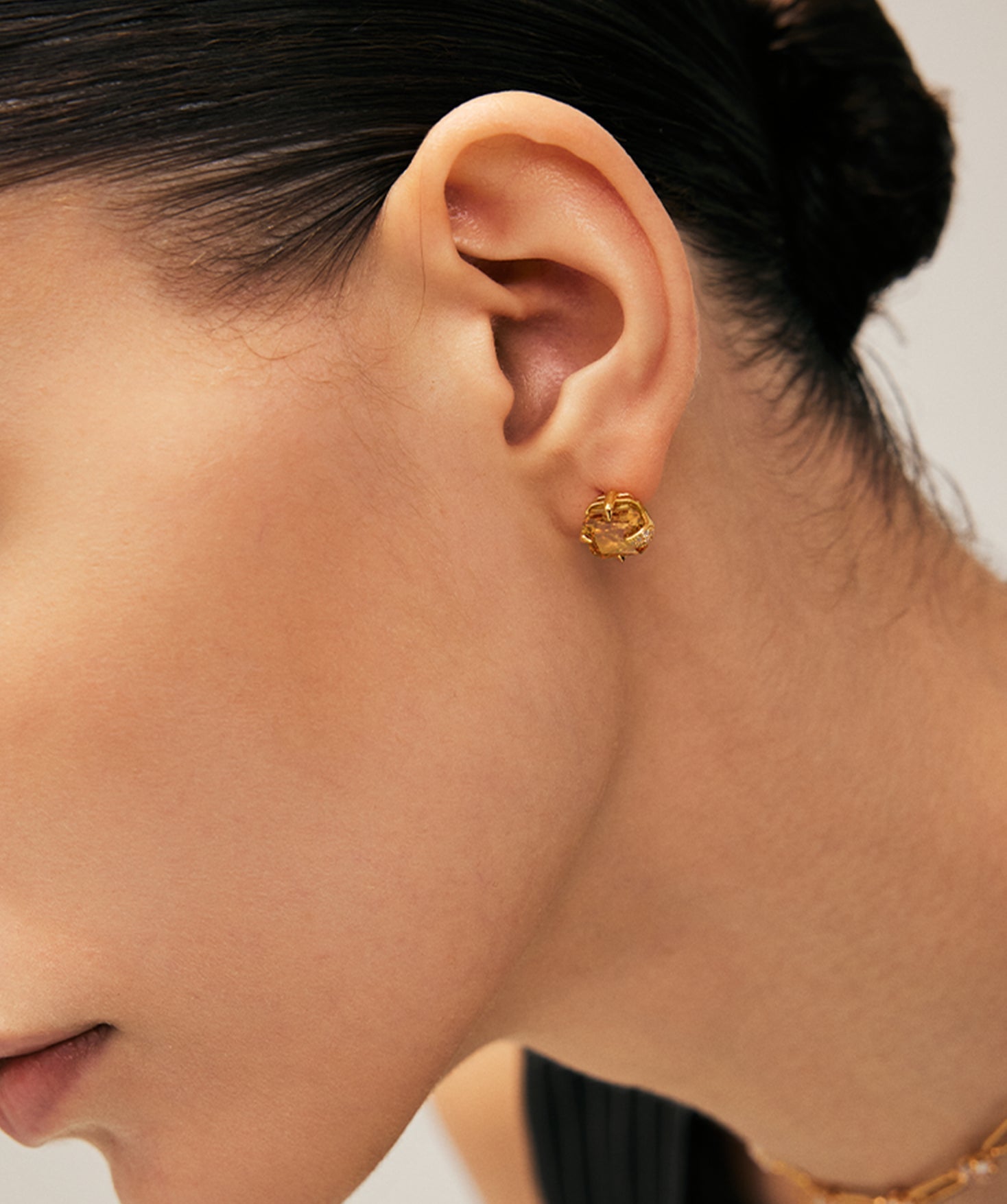 Gold Stud Earrings with Champagne Zircon and Pave Claw | MaiaMina