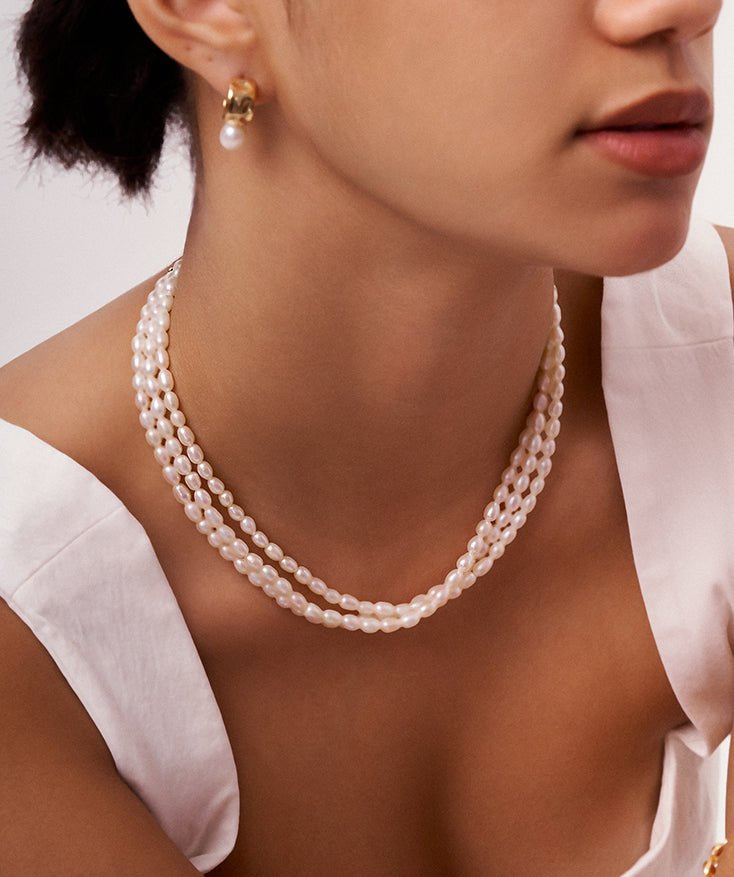 Three-Strand Pearl Beads Necklace, Statement Necklace Pearl Layering Necklace Set with 18K Gold Plated Vermeil | MaiaMina