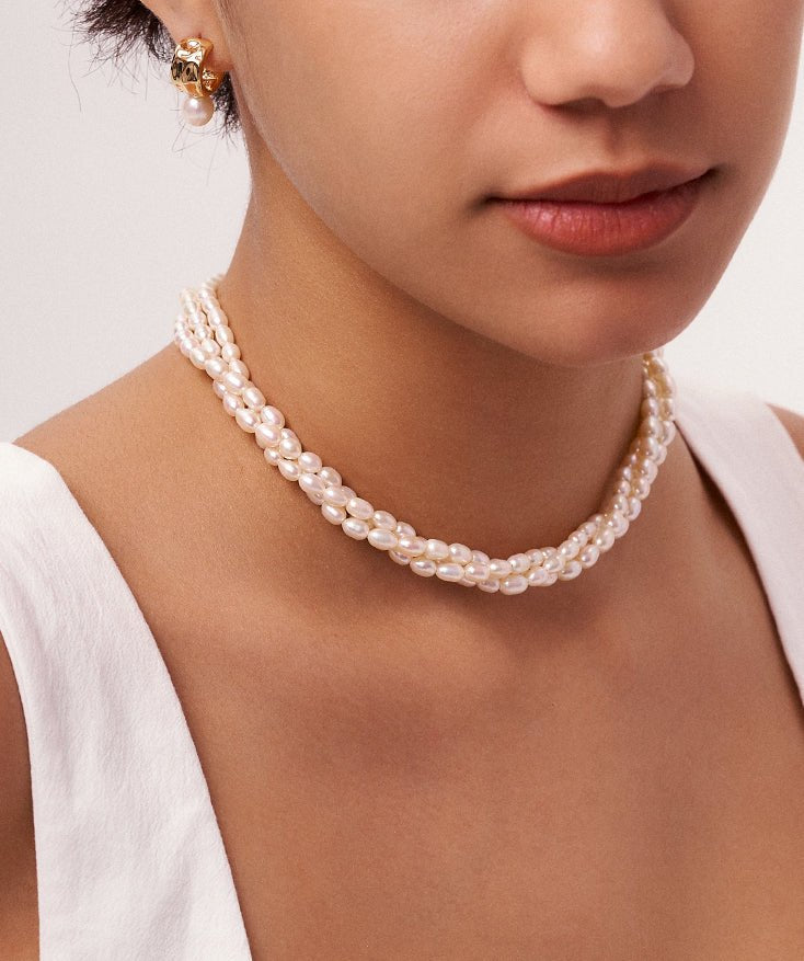 Three-Strand Pearl Beads Necklace, Statement Necklace Pearl Layering Necklace Set with 18K Gold Plated Vermeil | MaiaMina