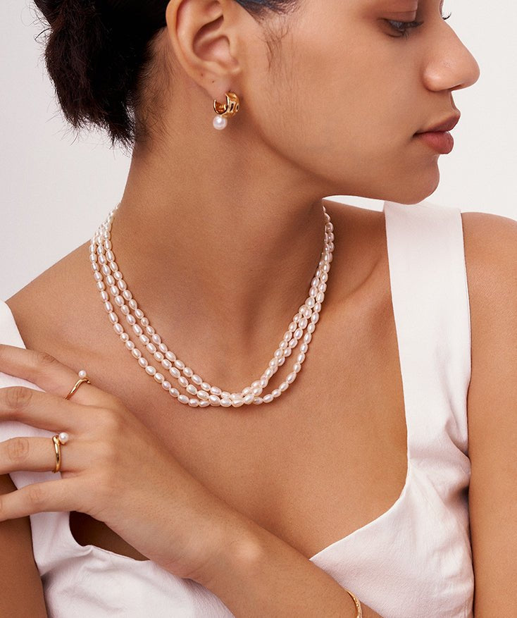 Three-Strand Pearl Beads Necklace, Statement Necklace Pearl Layering Necklace Set with 18K Gold Plated Vermeil | MaiaMina