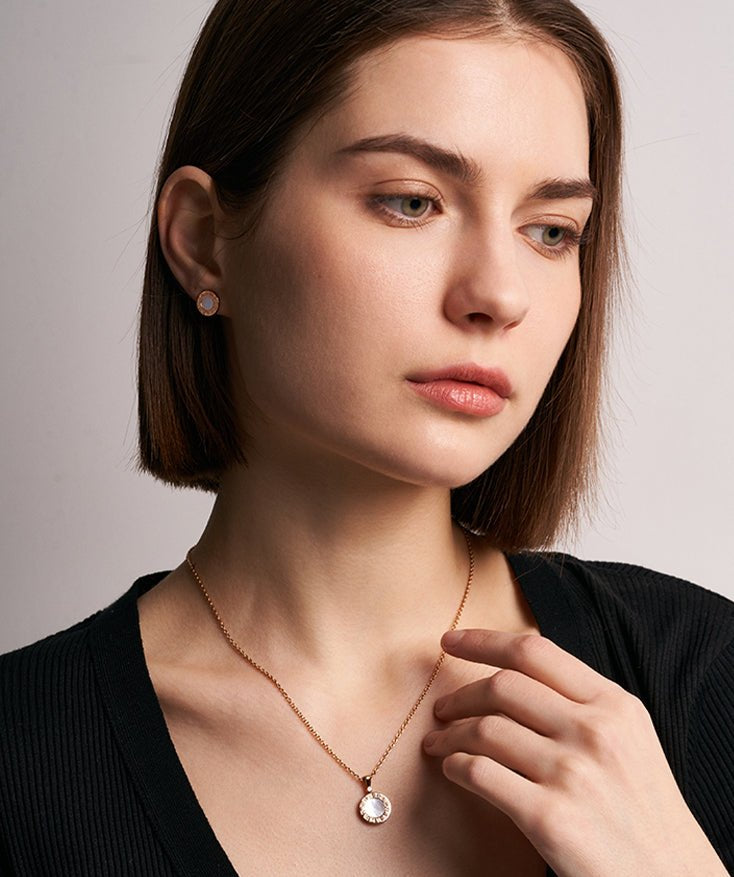 Double Side Roman Numerals Round Pendant Necklace, Black Onyx & Mother of Pearl Reversible Coin Necklace with 18K Gold Plated on Sterling Silver | MaiaMina
