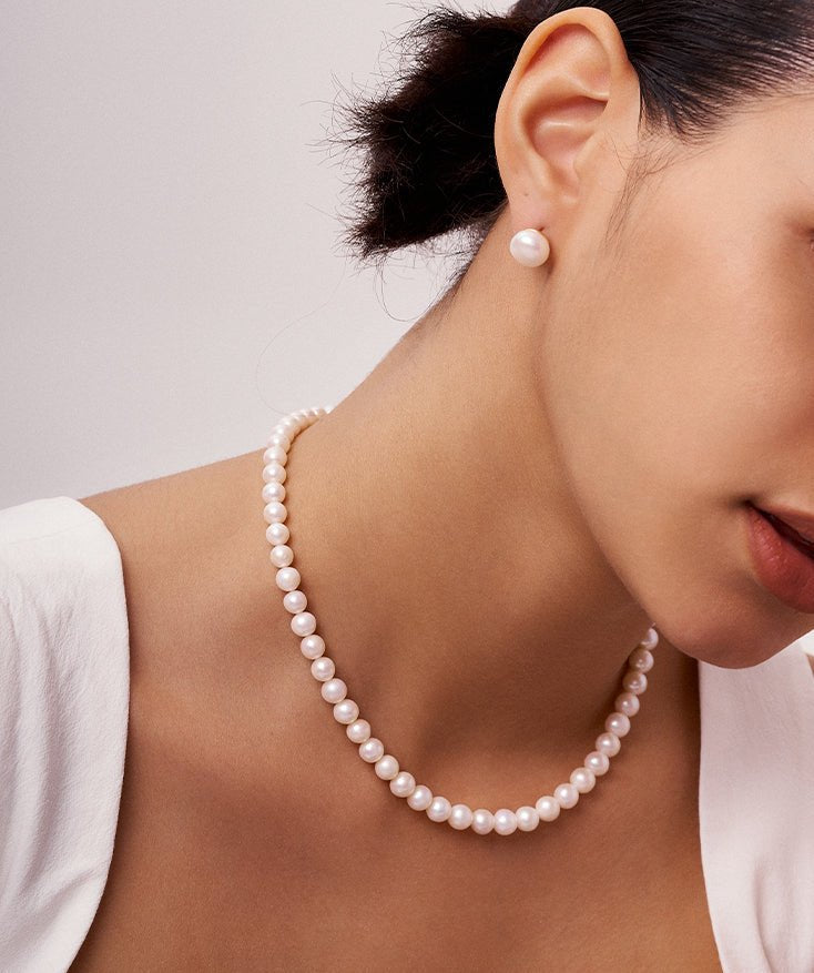Round Pearl Necklace with 18K Gold Plated Sterling Silver, Wedding Pearl Necklace for Brides | MaiaMina