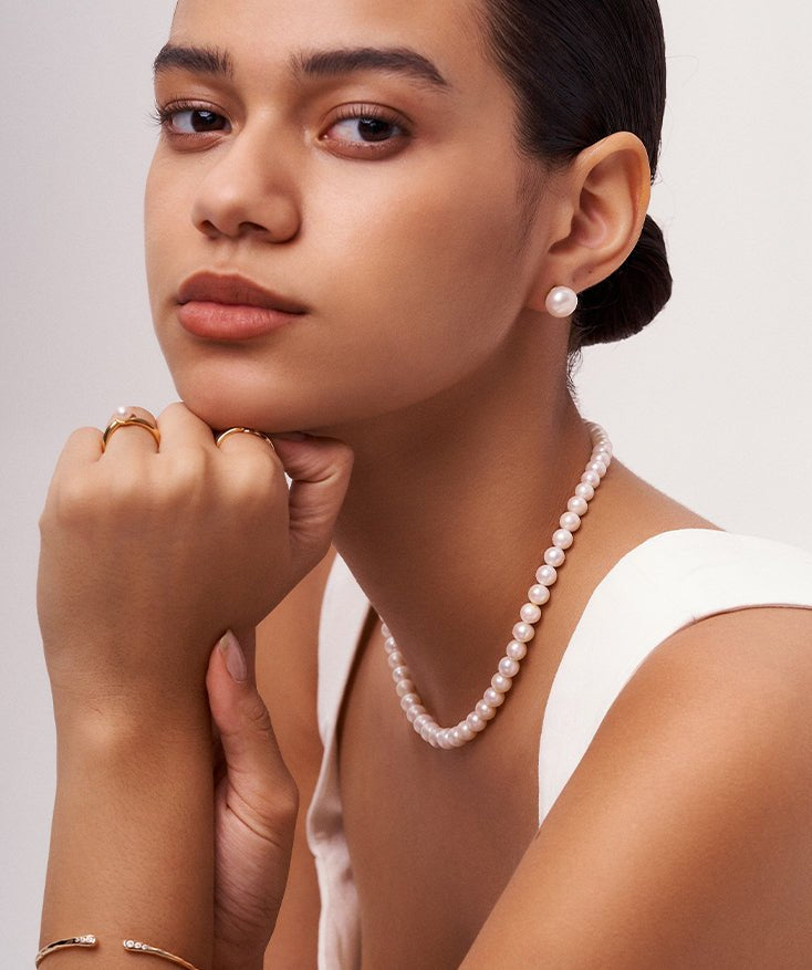 Round Pearl Necklace with 18K Gold Plated Sterling Silver, Wedding Pearl Necklace for Brides | MaiaMina