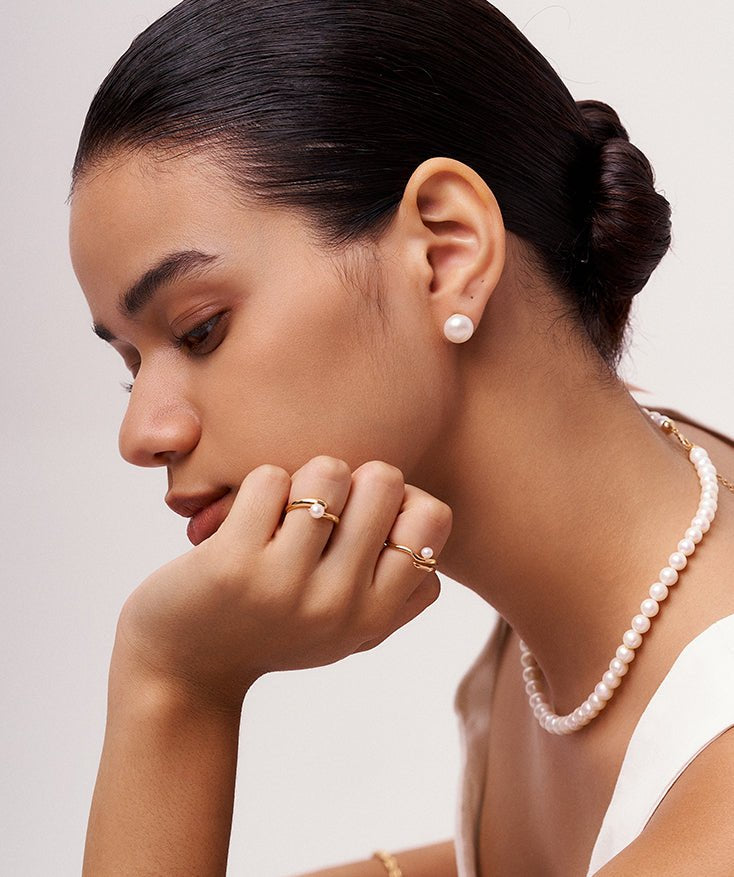 18K Gold Plated Sterling Silver Round White Freshwater Cultured Pearl Stud Earrings for Women | MaiaMina