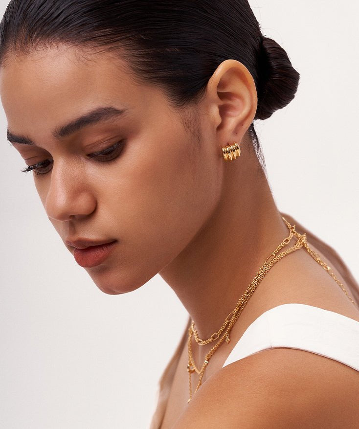 Chunky Gold Ridge Stud Earrings with 18K Gold Plated Sterling, Thick Gold Hoop Earrings | MaiaMina