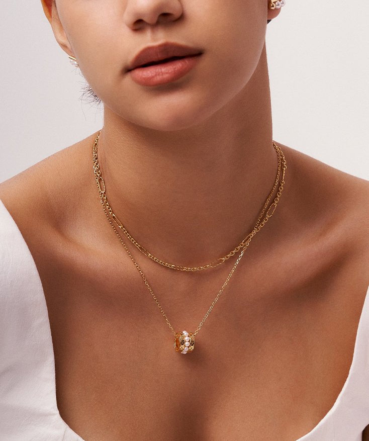 Gold Cylinder Tube Necklace with Pearl Beaded, Rolling Barrel Pendant, 18K Gold Vermeil Elegant Charm Necklace | MaiaMina