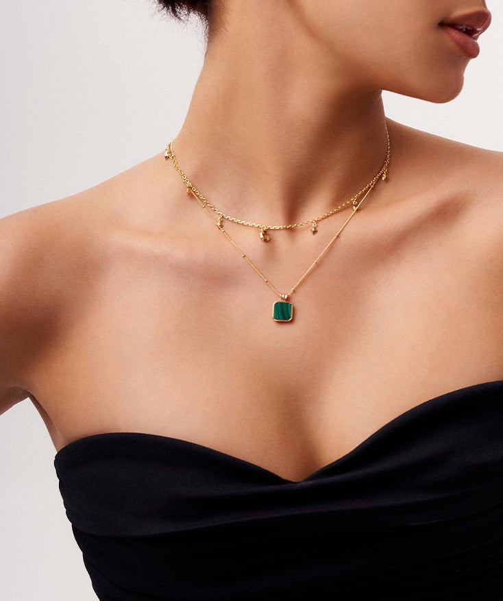 Tiny Dot Square Malachite Pendant Necklace, Dainty 18K Gold Plated Sterling Silver Round Dot Circle Necklace | MaiaMina