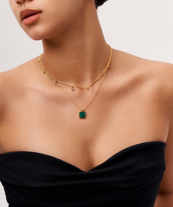 Tiny Dot Square Malachite Pendant Necklace, Dainty 18K Gold Plated Sterling Silver Round Dot Circle Necklace | MaiaMina