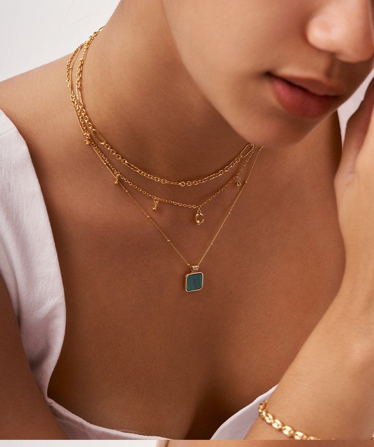 Tiny Dot Square Malachite Pendant Necklace, Dainty 18K Gold Plated Sterling Silver Round Dot Circle Necklace | MaiaMina