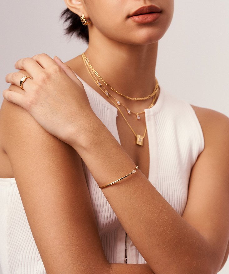 18K Gold Plated Sterling Silver Bracelet, Women's Bangle Cuff with Cubic Zirconia Stones | MaiaMina