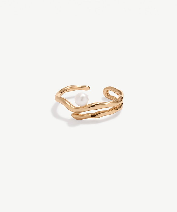 18K Gold Plated Sterling Silver Open Ring for Women, Minimalism Dainty Pearl Adjustable Ring | MaiaMina