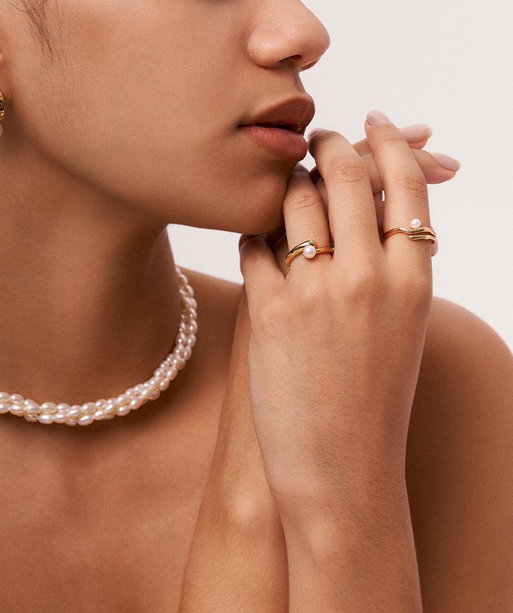 18K Gold Plated Sterling Silver Open Ring for Women, Minimalism Dainty Pearl Adjustable Ring | MaiaMina