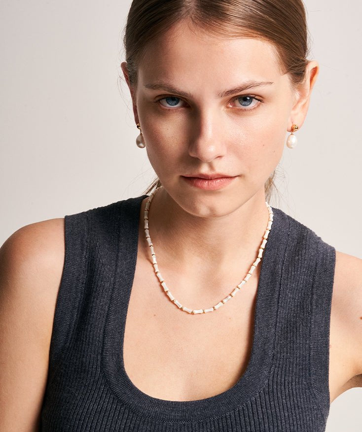 White Puka Shell Necklace, Gemstone Beaded Necklace for Women with 18K Gold Plated on Sterling Silver | MaiaMina