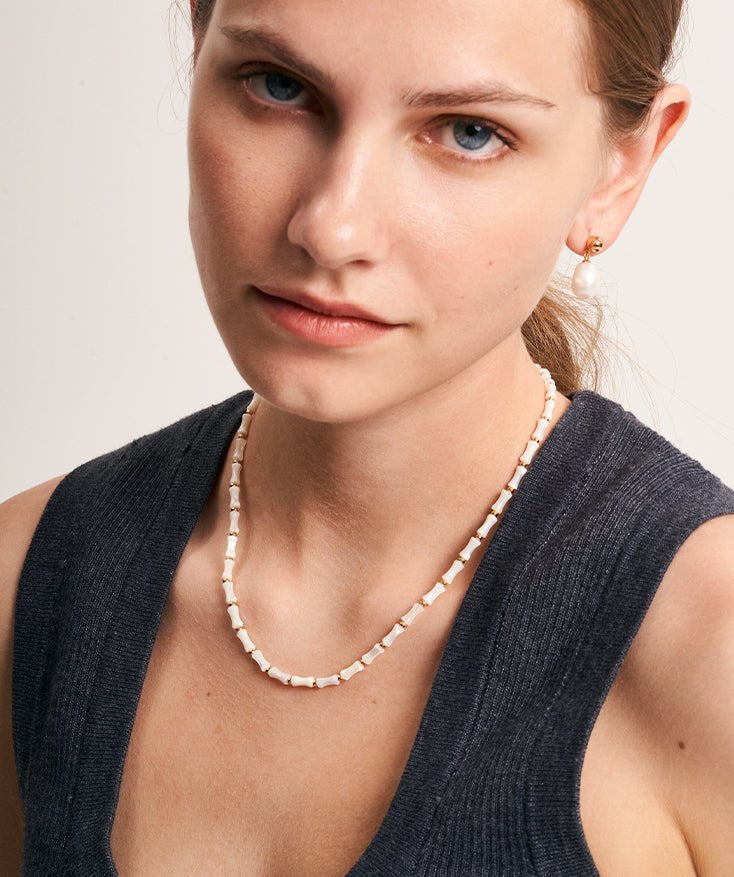 White Puka Shell Necklace, Gemstone Beaded Necklace for Women with 18K Gold Plated on Sterling Silver | MaiaMina