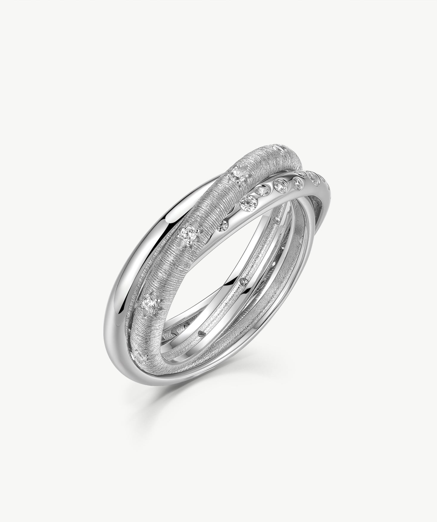 MaiaMina Rhodium Plated Sterling Silver Triple Band Zirconia Ring Cetus Collection