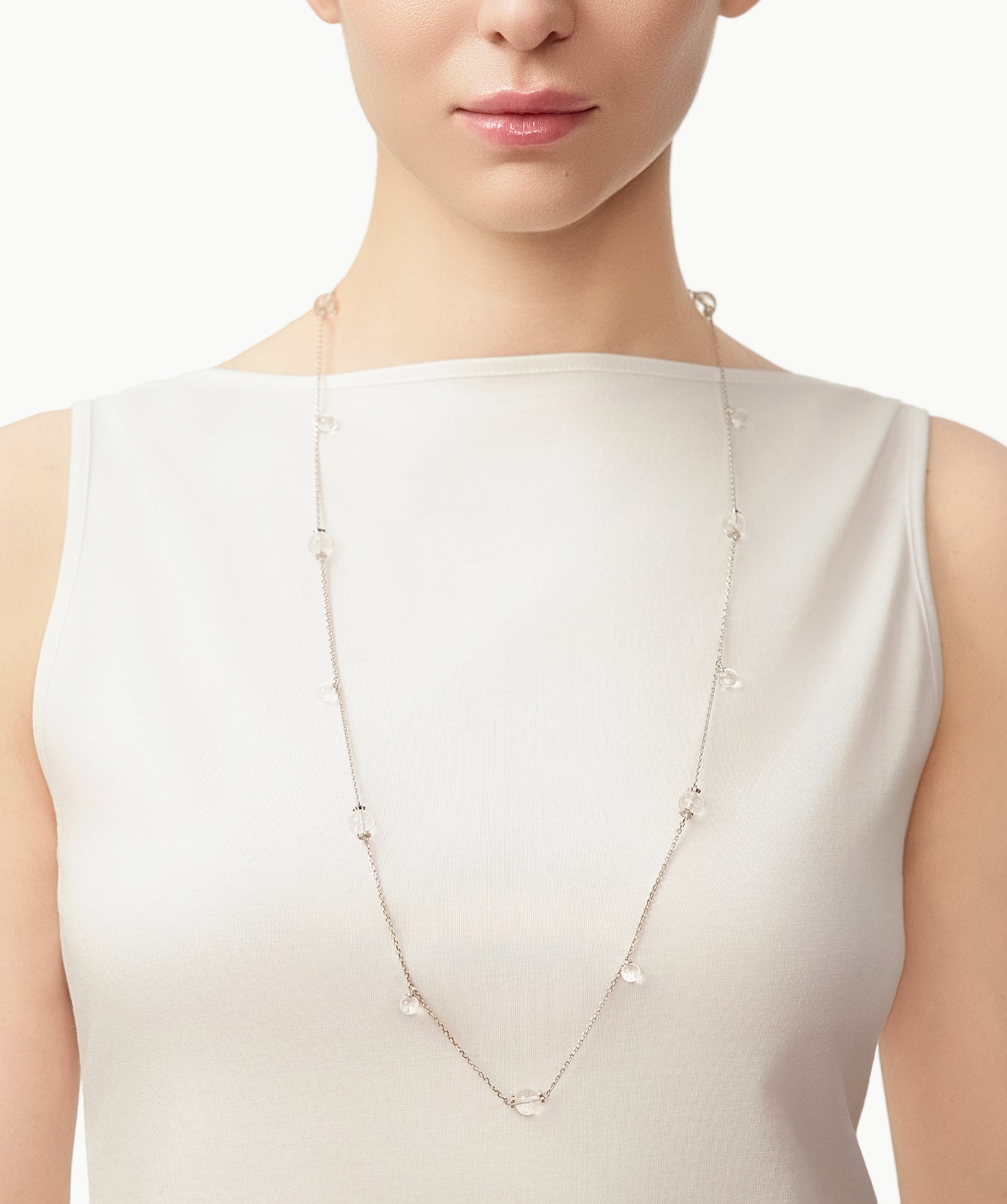 MaiaMina Rhodium Plated Clear Quartz Long Necklace Convertible Layering Necklace Cetus Collection