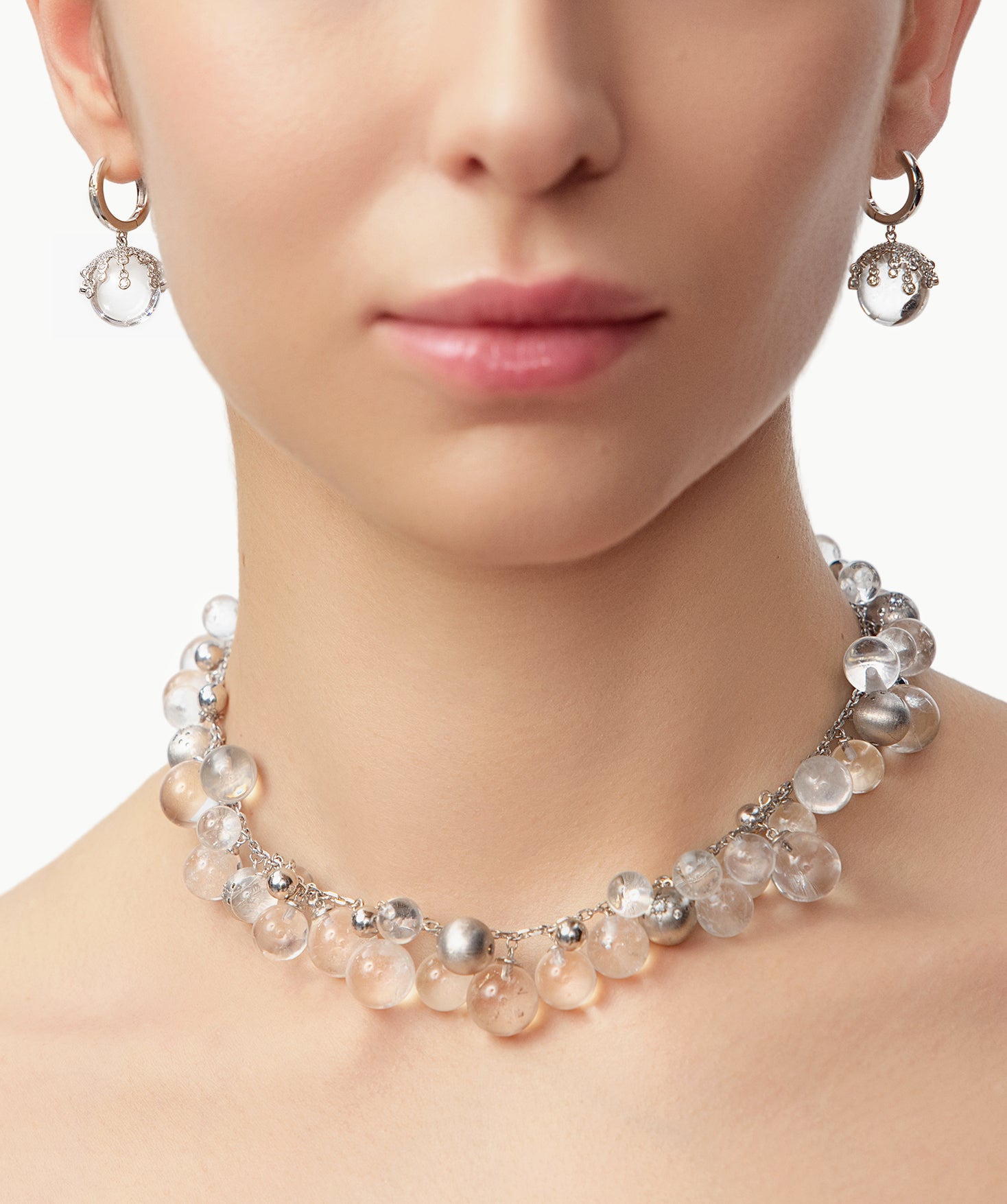 MaiaMina Rhodium Plated Clear Quartz Statement Necklace Silver Tone Beaded Necklace Cetus Collection