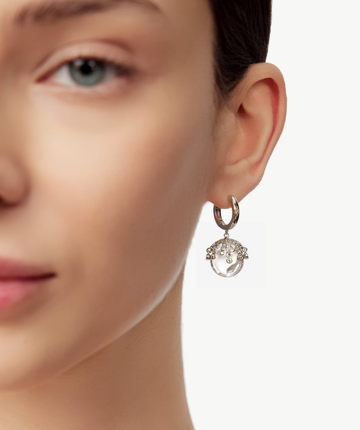 MaiaMina Rhodium Plated Clear Quartz Drop Earrings Removable Statement Earrings Cetus Collection