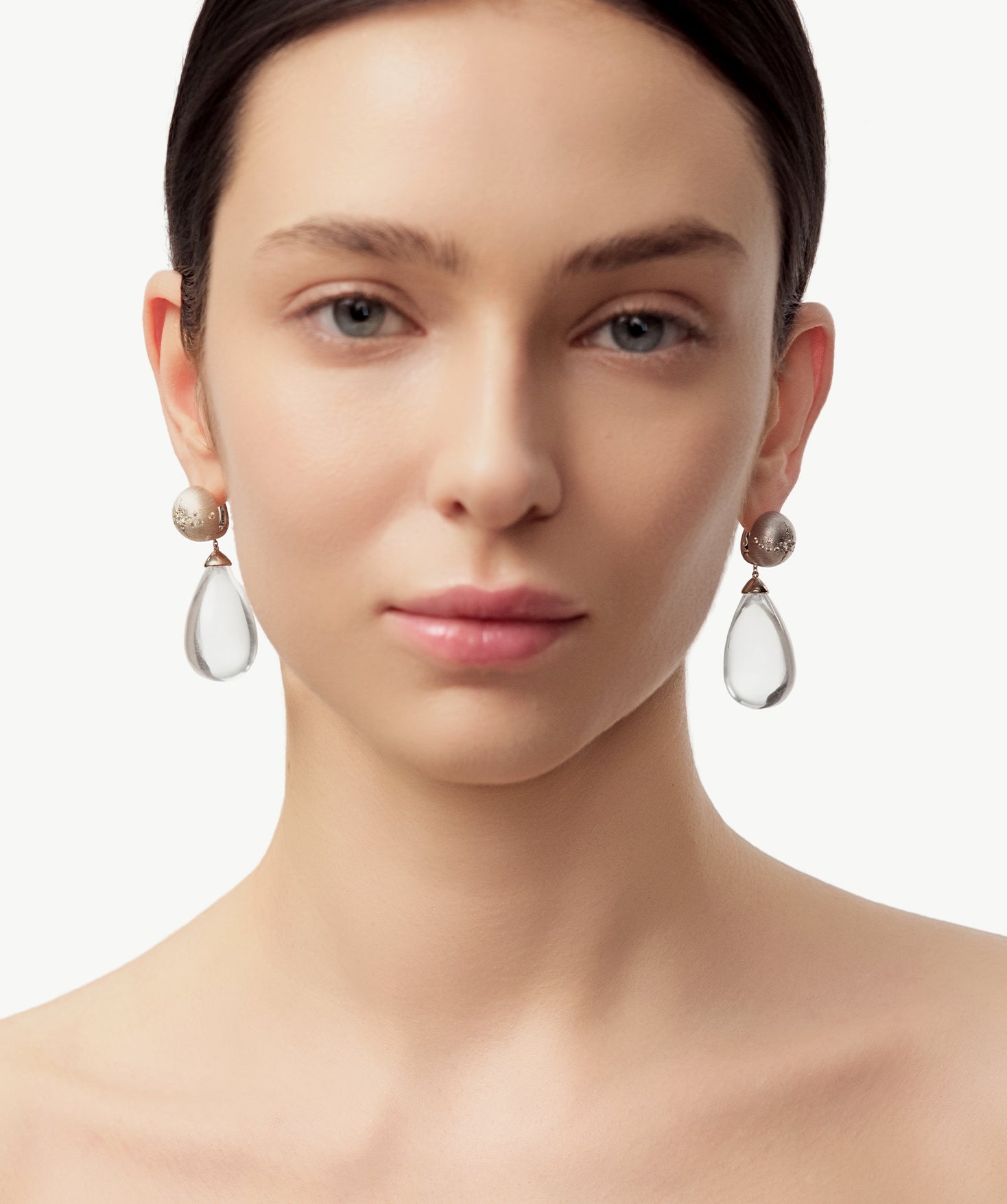 MaiaMina Rhodium Plated Clear Quartz Drop Earrings Removable Statement Earrings Cetus Collection