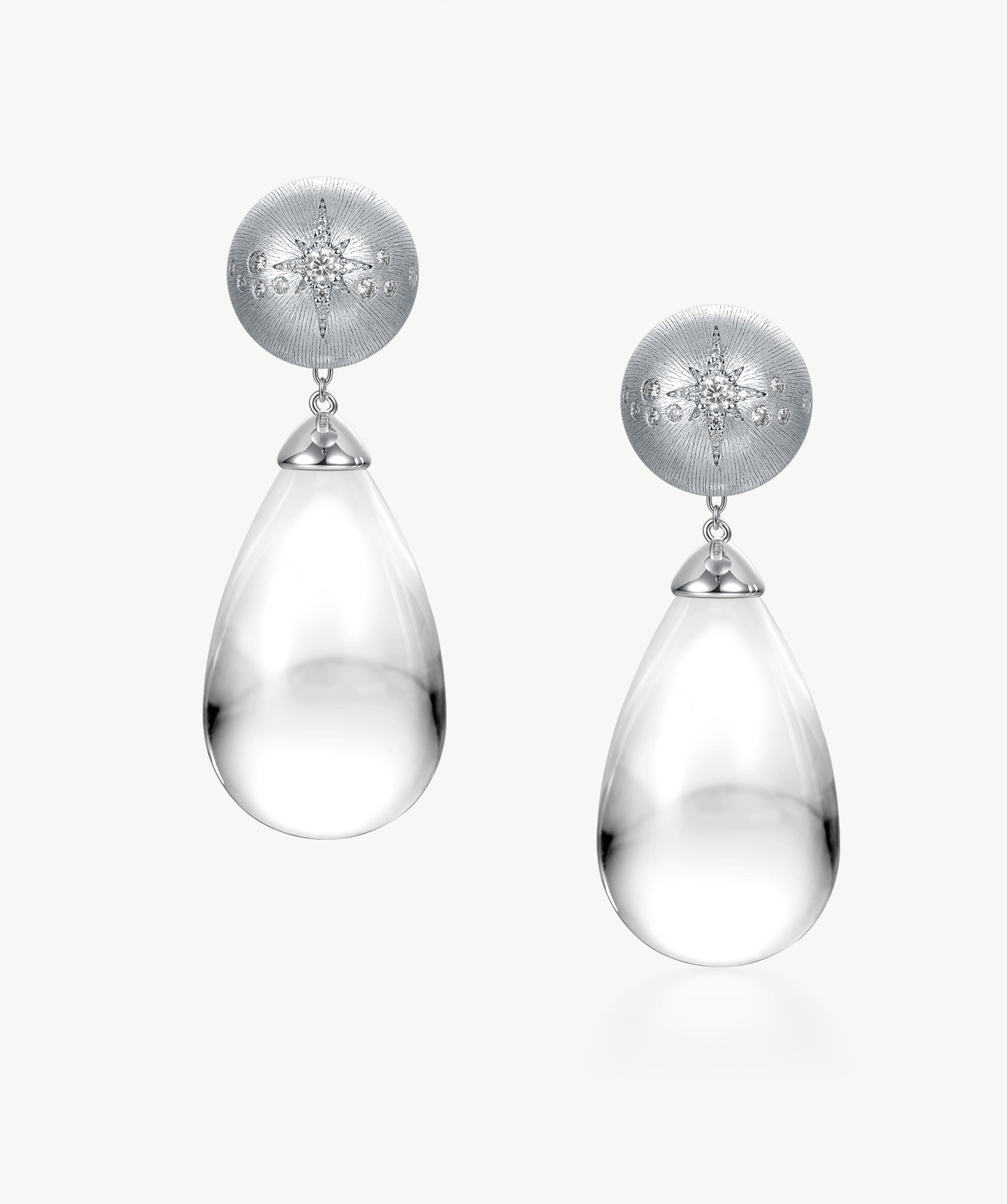 MaiaMina Rhodium Plated Clear Quartz Drop Earrings Removable Statement Earrings Cetus Collection