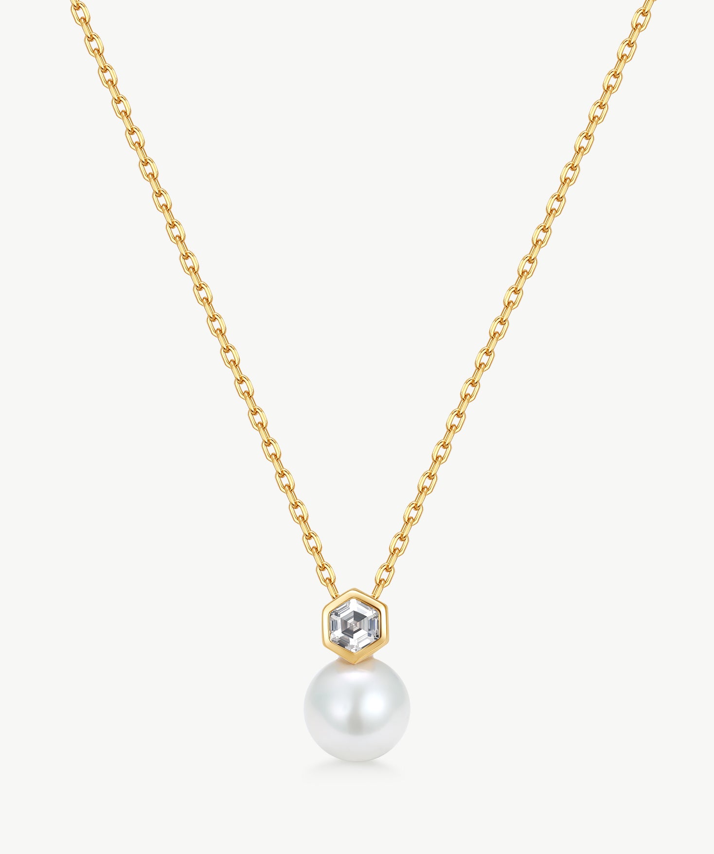 MaiaMina Gold Pearl Pendant Necklace Hexagon CZ Freshwater Pearl Drop LYNKA