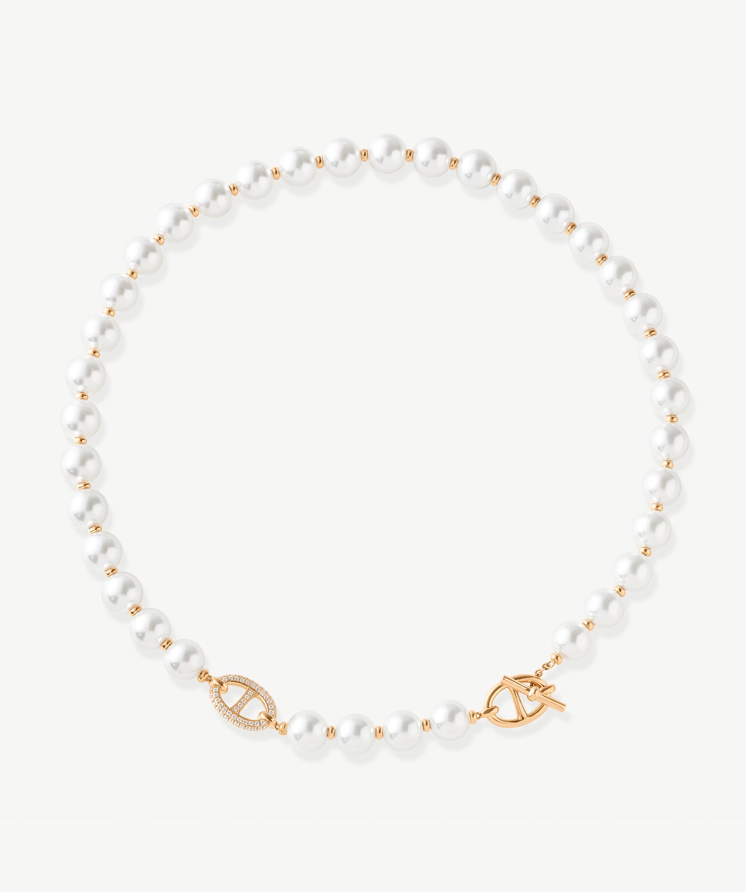 18K Gold Plated Pearl Necklace with Pave Mariner T-Bar - Elegant Everyday Jewelry | MaiaMina