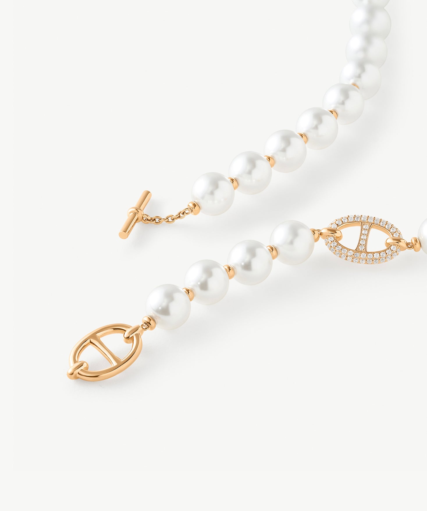 18K Gold Plated Pearl Necklace with Pave Mariner T-Bar - Elegant Everyday Jewelry | MaiaMina