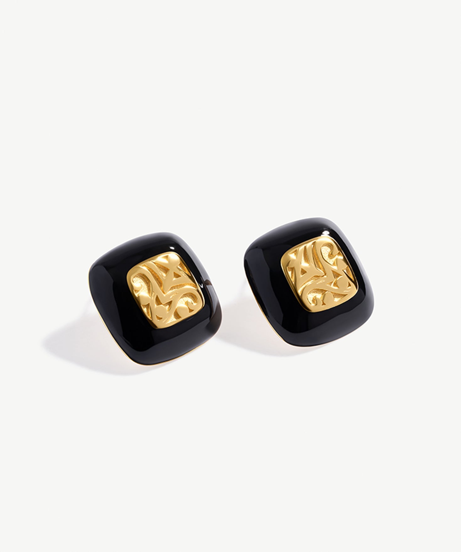 Black Enamel and Gold Carved Stud Earrings with 18K Gold Plated on Sterling Silver | MaiaMina