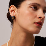 Black Enamel and Gold Carved Stud Earrings with 18K Gold Plated on Sterling Silver | MaiaMina