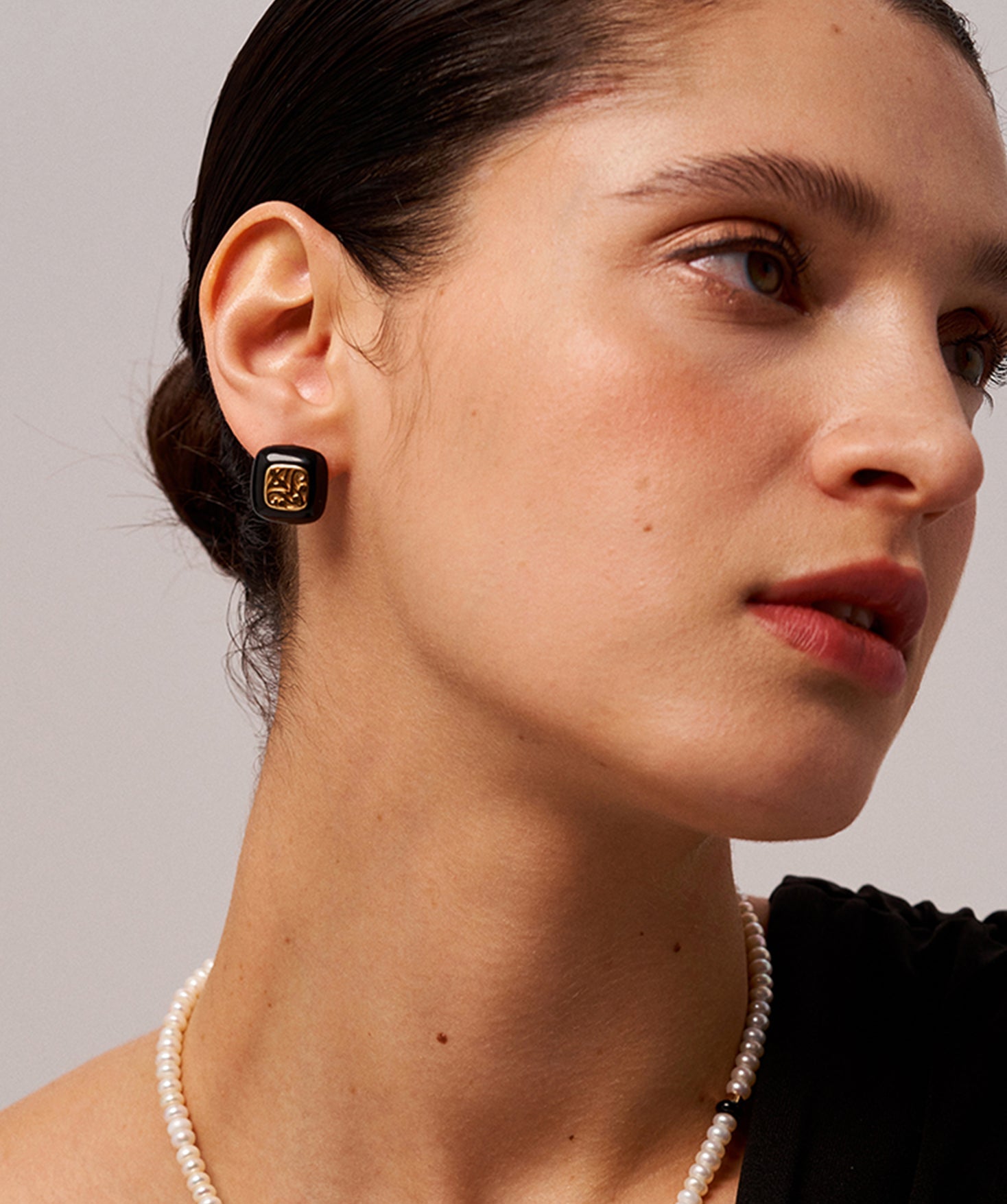 Black Enamel and Gold Carved Stud Earrings with 18K Gold Plated on Sterling Silver | MaiaMina