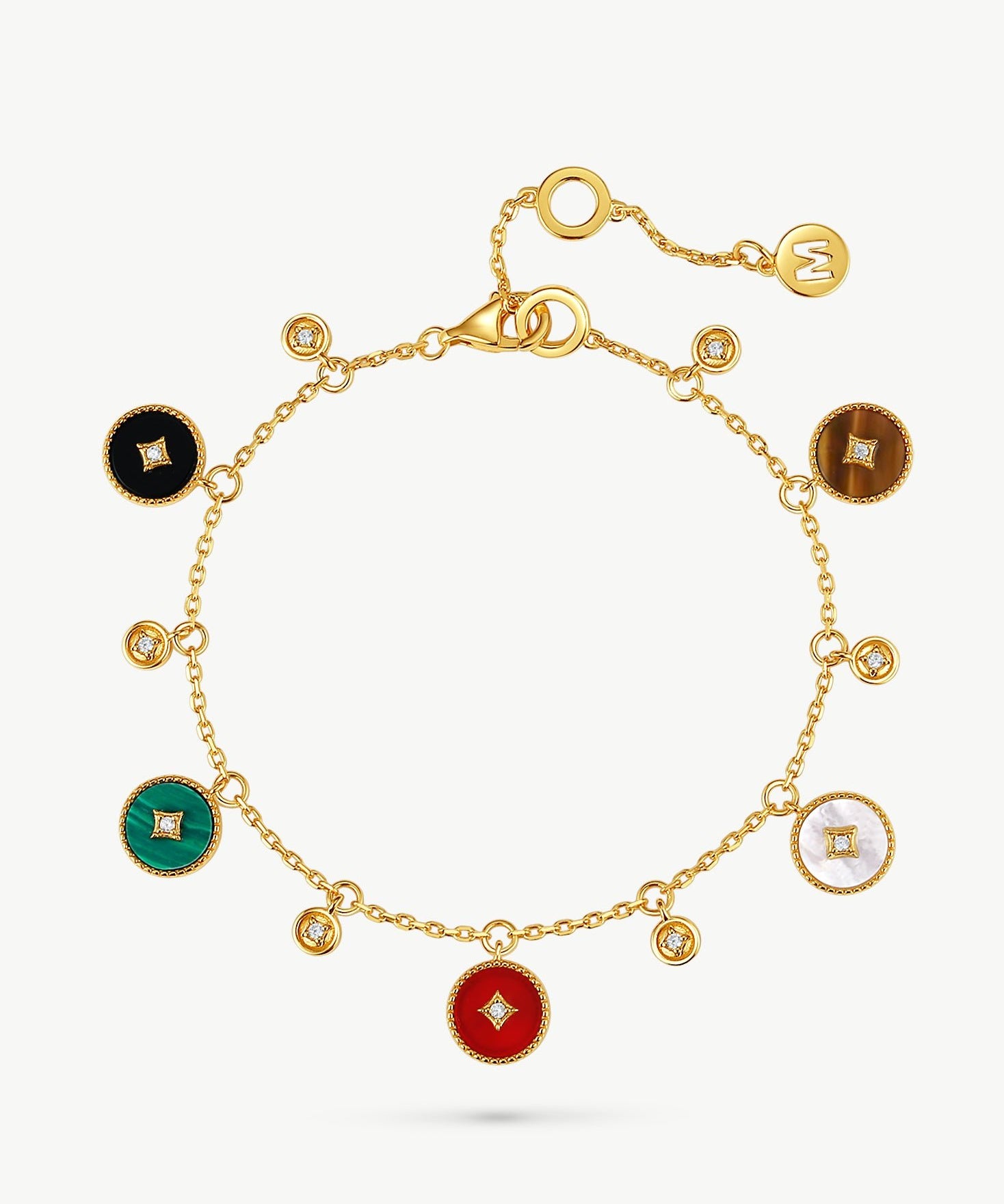 Elegant Multistone Bracelet with White Mother-of-Pearl, Malachite, Tiger’s Eye, Red Agate, and Black Agate | MaiaMina