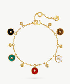 Elegant Multistone Bracelet with White Mother-of-Pearl, Malachite, Tiger’s Eye, Red Agate, and Black Agate | MaiaMina
