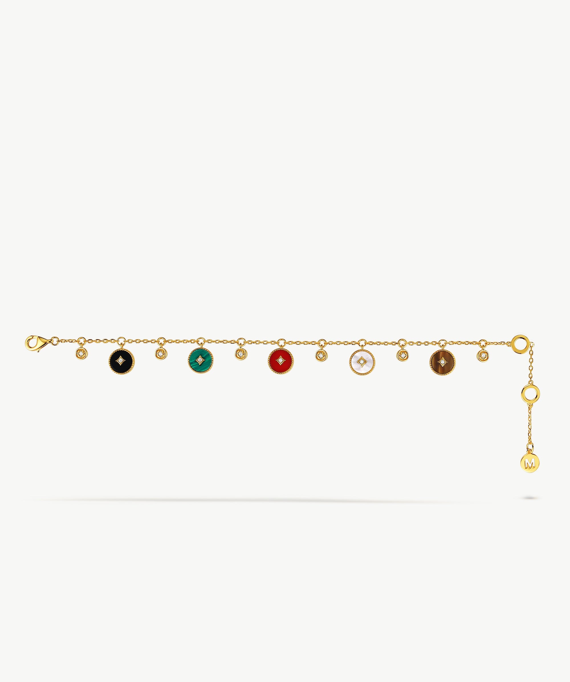 Elegant Multistone Bracelet with White Mother-of-Pearl, Malachite, Tiger’s Eye, Red Agate, and Black Agate | MaiaMina