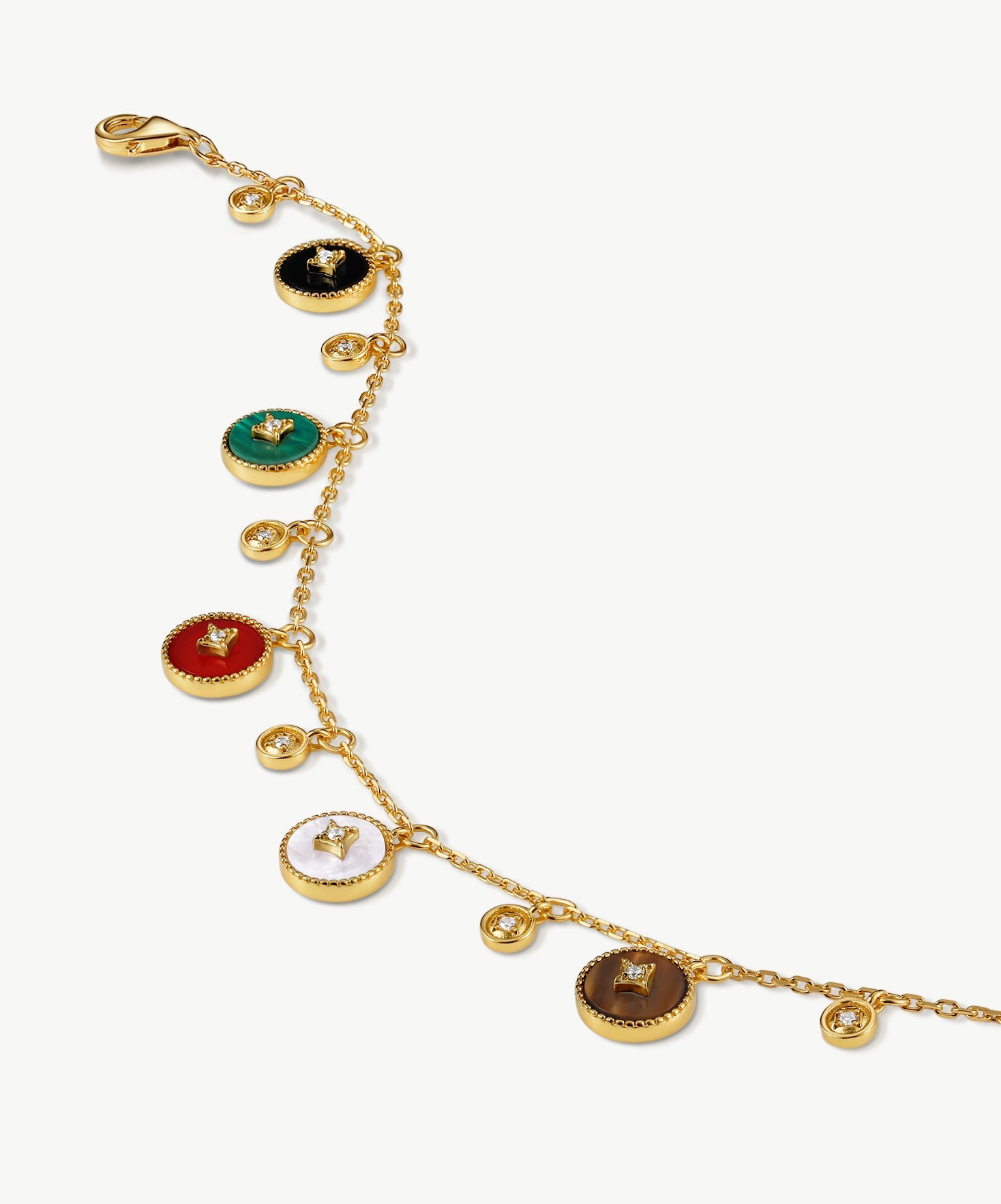 Elegant Multistone Bracelet with White Mother-of-Pearl, Malachite, Tiger’s Eye, Red Agate, and Black Agate | MaiaMina