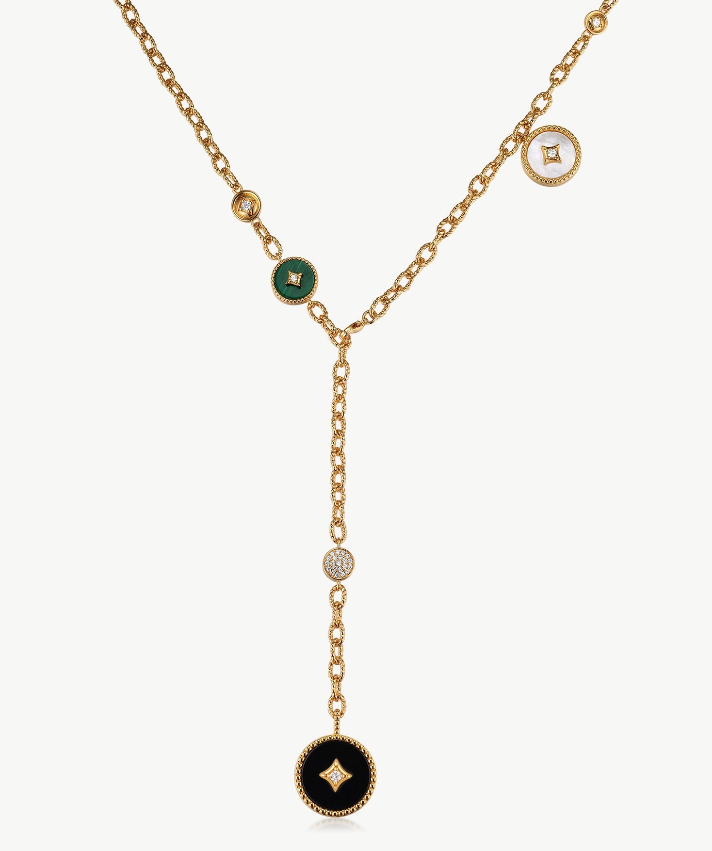 Elegant Multi-Way Necklace with White Mother-of-Pearl, Malachite, Tiger’s Eye, Red Agate, and Black Agate | MaiaMina