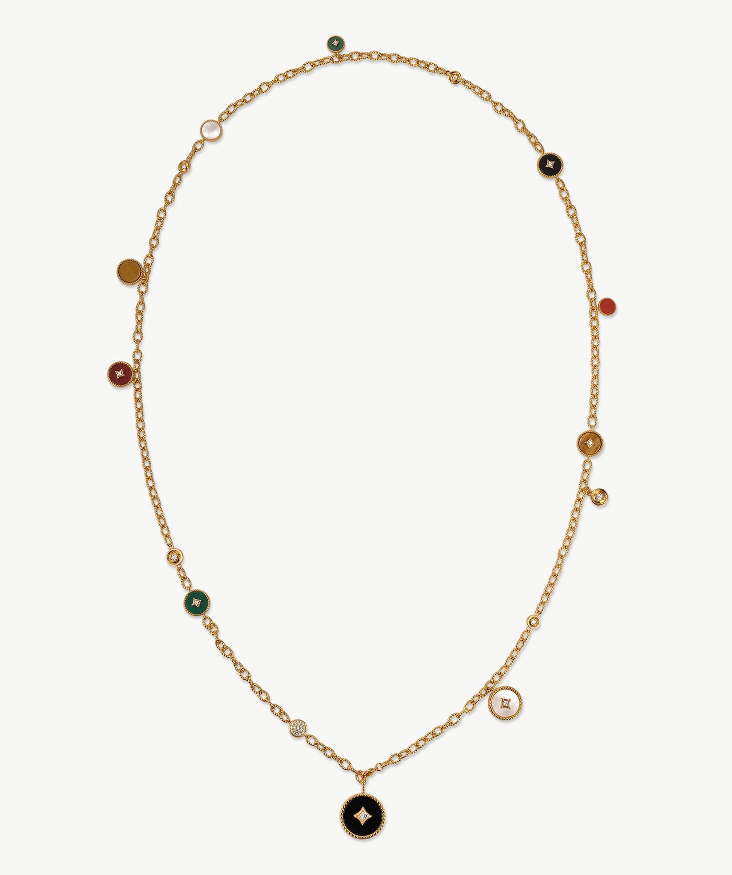 Elegant Multi-Way Necklace with White Mother-of-Pearl, Malachite, Tiger’s Eye, Red Agate, and Black Agate | MaiaMina
