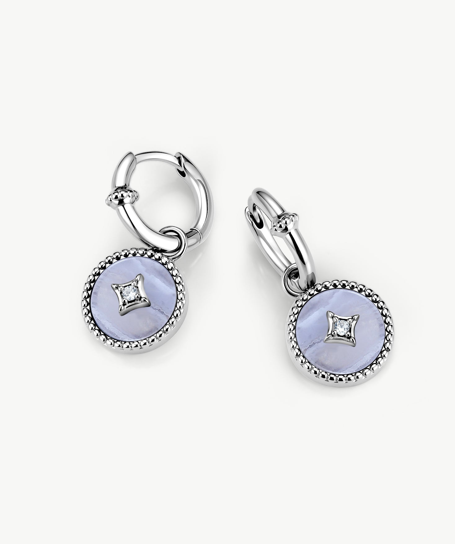 Blue Agate Coin Hoop Earrings with Milgrain Detail | Aura Collection – MaiaMina