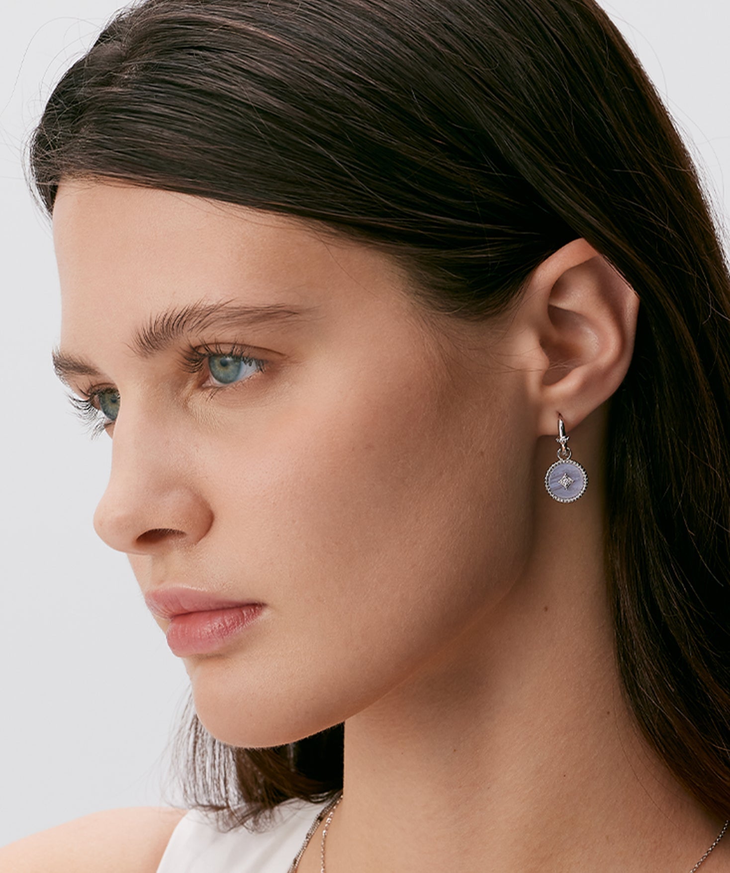 Blue Agate Coin Hoop Earrings with Milgrain Detail | Aura Collection – MaiaMina